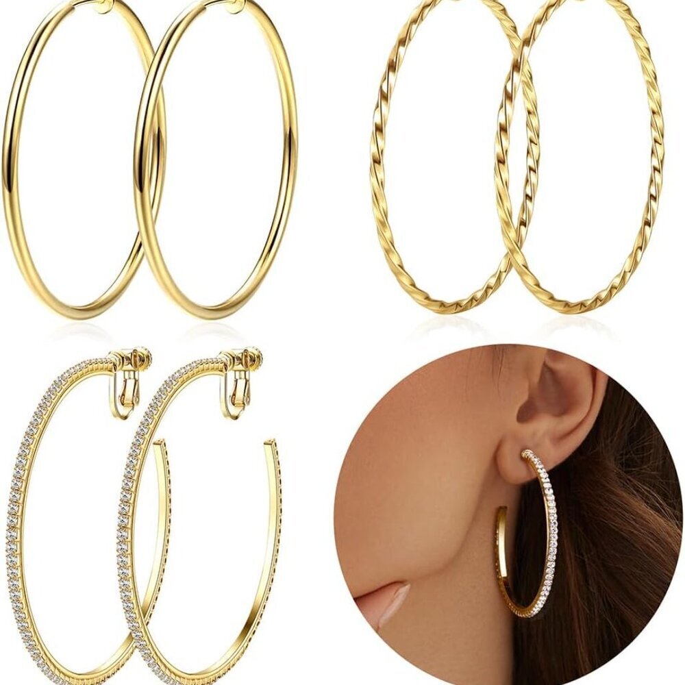 Gold 30-60mm Clip On Hoop Earrings for Women, Hypoallergenic Stainless Steel